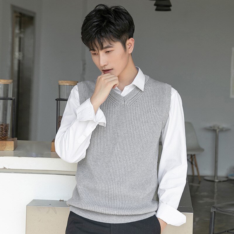 Korean Version Casual Fit Solid Color V-Neck Waistcoat Knitwear Sleeveless Sweater Vest Streetwear Mens Pullover Men